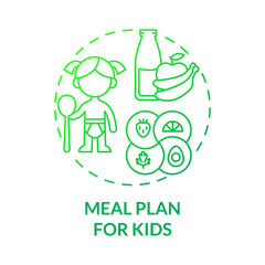Meal plan for kids green gradient concept icon. Healthy foods for kids abstract idea thin line illustration. Balanced and healthy diet for children. Vector isolated outline color drawing