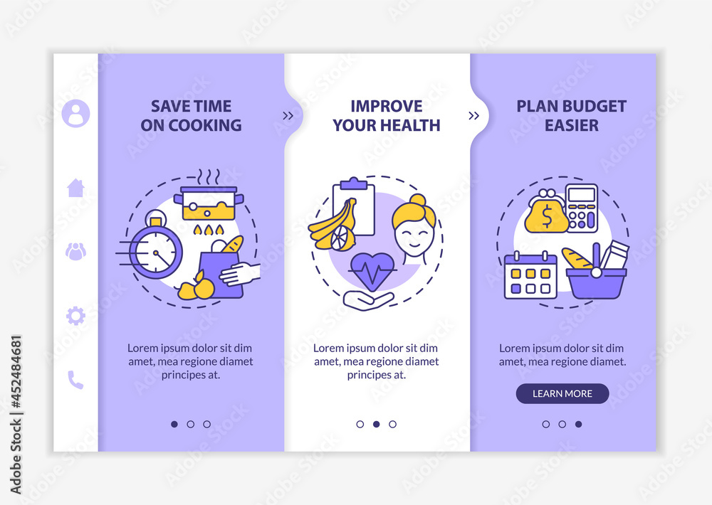 Aufkleber reasons for meal planning purple onboarding vector template. responsive mobile website with icons. w