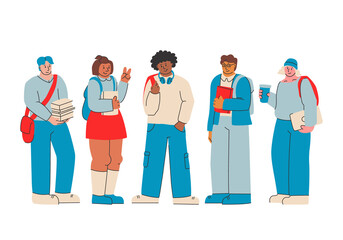Group of multinational teenagers boys and girls. Young cute people. First year students with textbooks. Happy freshmen. Vector isolated illustration.