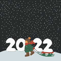 Happy child carries year 2022 on sled. Little boy in winter clothes, hat and scarf. Kid on winter landscape with snow. Cartoon vector illustration for design whith copy space.