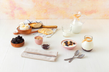 Bowl of blackberries, milk, yoghurt with oatmeals, fresh cheese and bread, a table set for breakfast, ingredients from the local farmers market. High angle view.