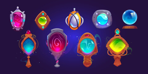 Magic amulets, mirrors and glass sphere. Vector cartoon icons set, gui elements for game about witchcraft or wizard with pendants with gems and crystals in stone and wooden frame - obrazy, fototapety, plakaty