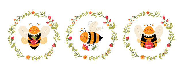 Flying Bee cartoon set Cute bumblebee character