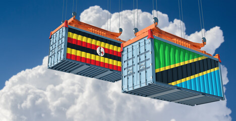 Freight containers with Tanzania and Uganda national flags. 3D Rendering 