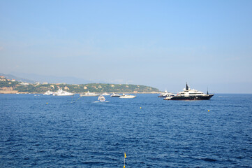 Yachts at sea. Monte Carlo harbor in Monaco. Port Hercules. Landscape.