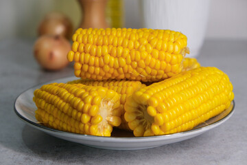 Cobs of boiled corn in a plate. Close-up. - 452486281