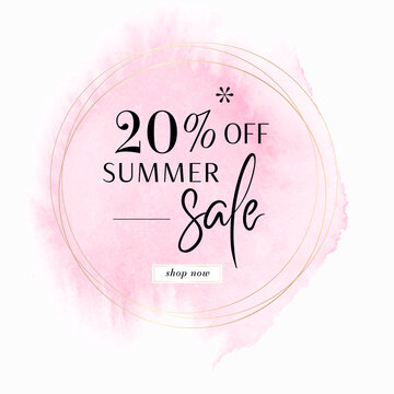 Summer Sale 20% OFF Sign over pink watercolor paint background - Vector. 