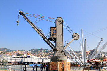 Genoa Old Port. Ancient Port Crane. Porto Antico. Liguria, Italy.