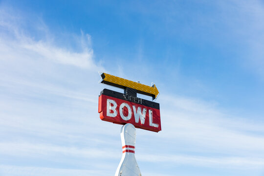 Vintage Sign For Bowling Alley, Bowl White Lettering On Red Background