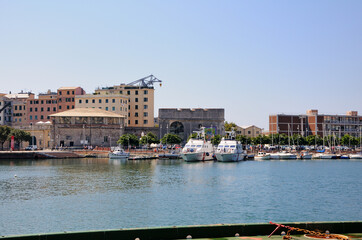 Genoa Old Port. Boats and small yachts in the port. Porto Antico, Liguria, Italy.