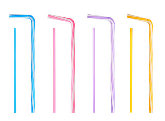 Set with different straws for drinks on white background