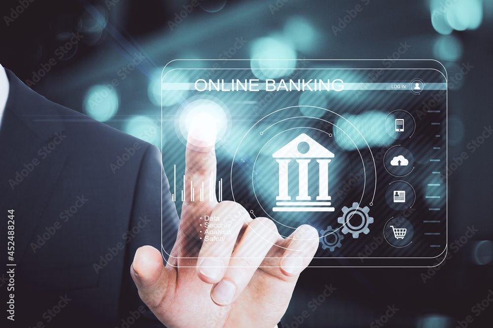 Poster businessman pointing at abstract glowing interface on blurry bokeh background. online banking, inter