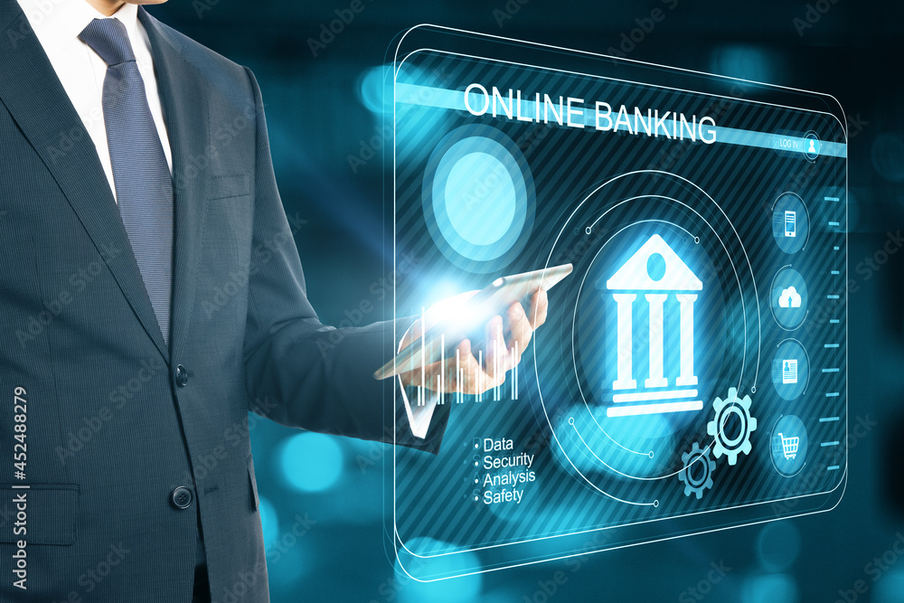 Poster businessman using abstract smartphone with glowing interface on blurry bokeh background. online bank