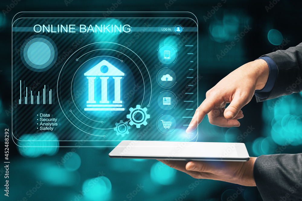 Poster businessman using abstract pad with glowing interface on blurry bokeh background. online banking, in