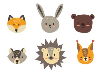 Cute hand drawn heads of forest animals. Fox, hare, bear, wolf, hedgehog, squirrel. White background, isolator. Vector illustration.