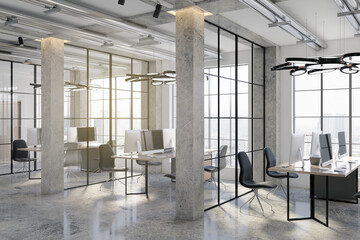 Contemporary concrete coworking office interior with city view, furniture and other objects. 3D Rendering.