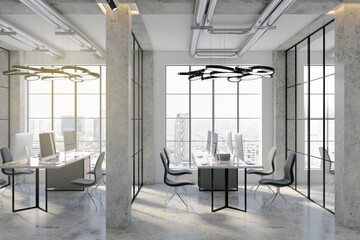 Luxury concrete coworking office interior with city view, furniture and other objects. 3D Rendering.