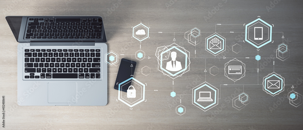 Poster top view of office desktop with glowing business interface, laptop, smartphone and other items. fina