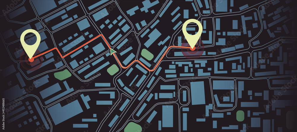 Poster Creative dark map backdrop with location marks. GPS, innovation and navigation concept. 3D Rendering.