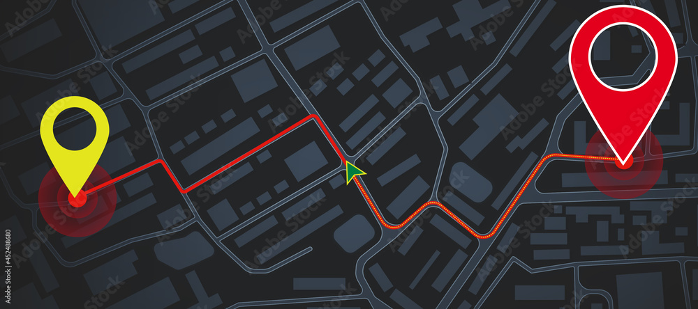 Poster Abstract dark map background with location marks. GPS, innovation and navigation concept. 3D Rendering.