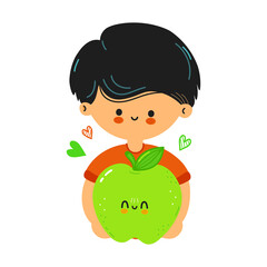 Cute funny boy hold green apple in hand. Little boy hugs cute green apple. Isolated on white background