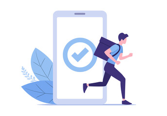 Home delivery. Online shopping. Courier service. Flat colored vector illustration. Isolated on white background. 