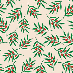 Christmas floral seamless vector pattern. Mistletoe branches repeating background green red white for Christmas holiday decor, greeting cards, wrapping paper, fabric, wallpaper.