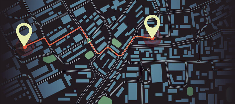 Creative dark map backdrop with location marks. GPS, innovation and navigation concept. 3D Rendering.