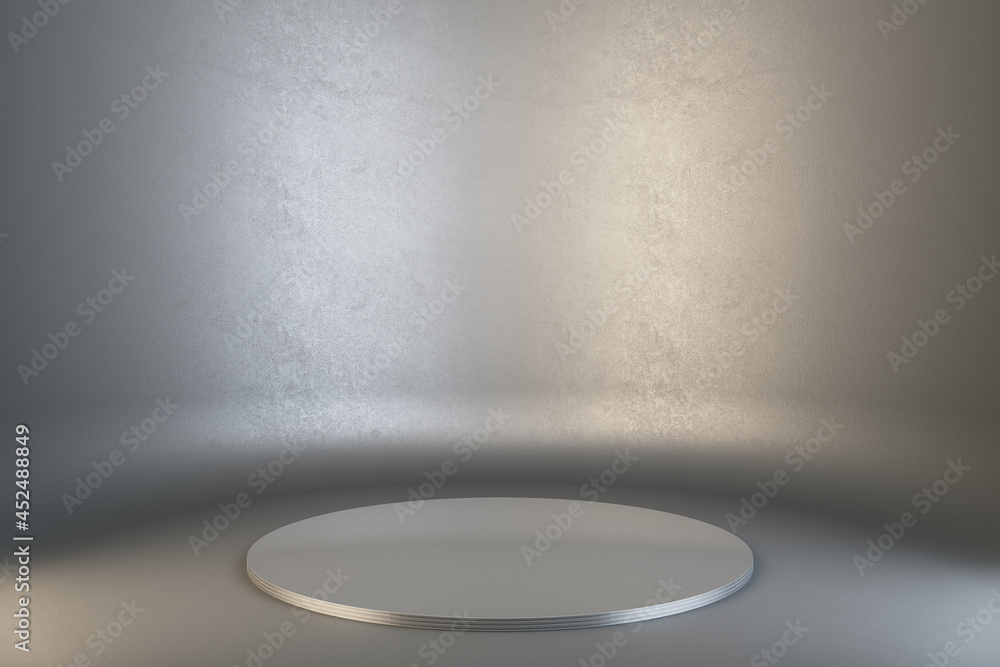 Poster Empty round pedestal on concrete background. Gallery showcase concept. Mock up, 3D Rendering.