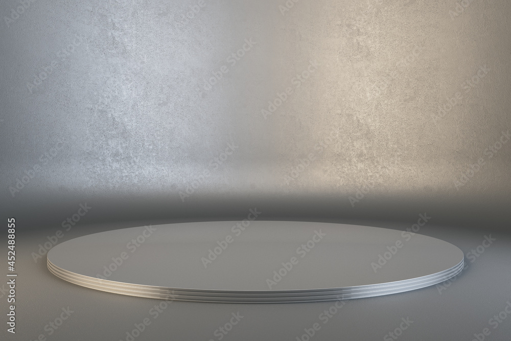 Poster blank round pedestal on concrete background. gallery showcase concept. mock up, 3d rendering.