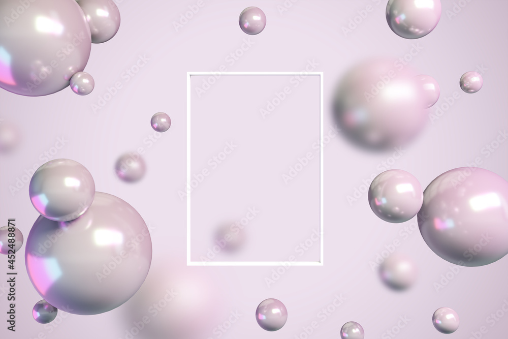 Poster Creative pink bubbles background with mock up frame. Design and landing page concept. 3D Rendering.