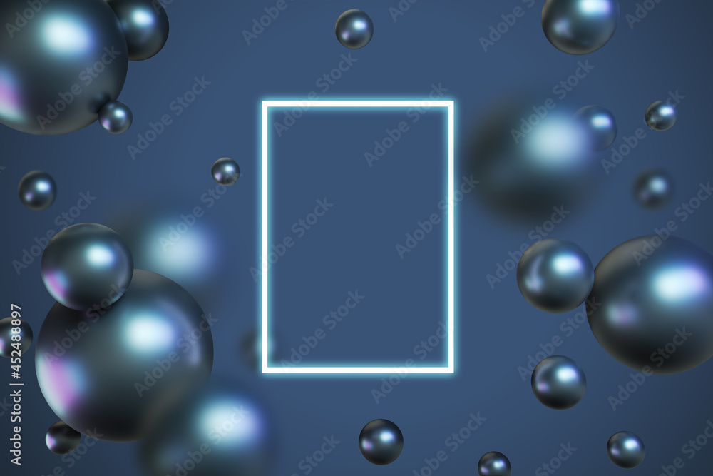 Poster creative blurry blue bubbles background with mock up frame. design and landing page concept. 3d rend