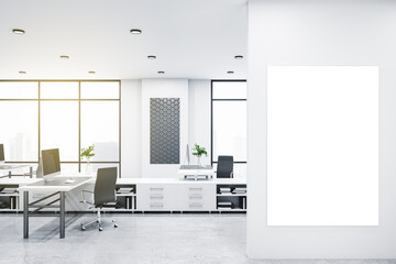 Modern bright coworking office interior with empty poster, window and city view, daylight, furniture and equipment. Mock up, 3D Rendering.