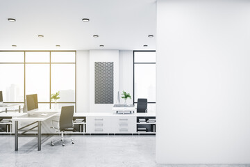 Modern bright coworking office interior with empty billboard, window and city view, daylight, furniture and equipment. Mock up, 3D Rendering.