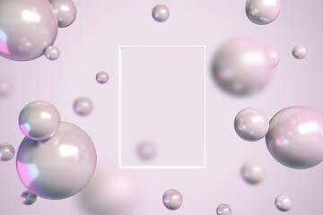 Creative pink bubbles background with mock up frame. Design and landing page concept. 3D Rendering.