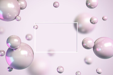 Creative pink bubbles background with mock up banner outline. Design and landing page concept. 3D Rendering.