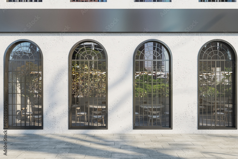 Poster Creative concrete exterior background with large windows, reflections and empty wide black banner. Mock up, 3D Rendering.