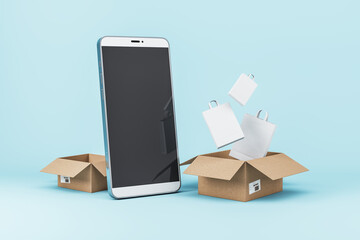 Black smartphone with carton boxes and shopping bags on blue background. Online delivery and purchase concept. Mock up, 3D Rendering.