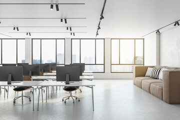Modern coworking office interior with city view, furniture and daylight. 3D Rendering.