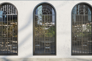 Creative concrete exterior background with large windows and reflections. 3D Rendering.