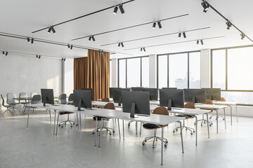 Contemporary coworking office interior with city view, furniture and daylight. 3D Rendering.