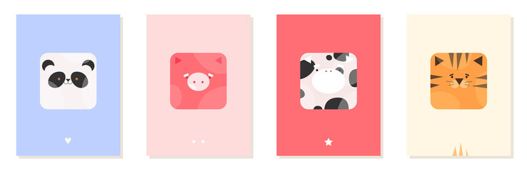 Happy birthday cards with cute animals for kids in hand drawn style. Pig, cow, panda and tiger with square face. Vector stock illustration