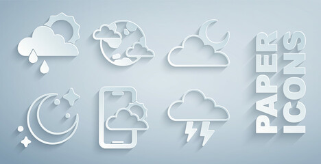 Set Weather forecast, Cloud with moon, Moon and stars, Storm, Earth planet clouds and rain sun icon. Vector © Vadim