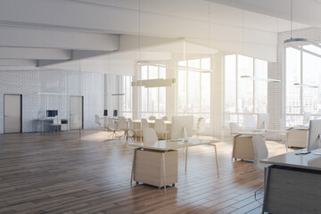 Naklejka na ściany i meble Modern brick, wood and glass office interior with equipment, city view, furniture, devices and daylight. 3D Rendering.