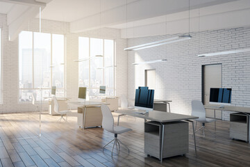 Fototapeta na wymiar Modern brick, wood and glass office interior with equipment, city view, furniture, devices and daylight. 3D Rendering.