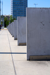 Symbolic domino stones at Nations Square at City of Geneva on a sunny summer afternoon. Photo taken August 11th, 2021, Geneva, Switzerland.