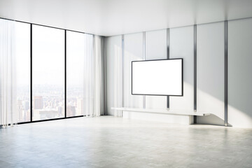 Modern bright concrete interior with empty white poster, bench and window with city view. Gallery concept. Mock up, 3D Rendering.