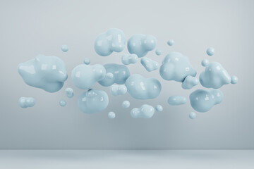 Abstract blue bubbles in concrete interior. Design and exhibition concept. 3D Rendering.