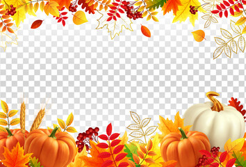 Naklejka na ściany i meble White and yellow pumpkins, orange leaves on transparent background. Autumn festival invitation. Border from autumn leaves and pumpkins. Postcard or banner. 3d realistic vector illustration.