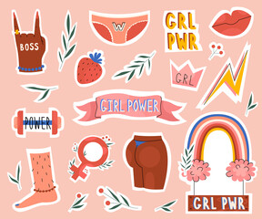 Girl power set collection stickers and womens badges designs in flat style. Vector stock illustration